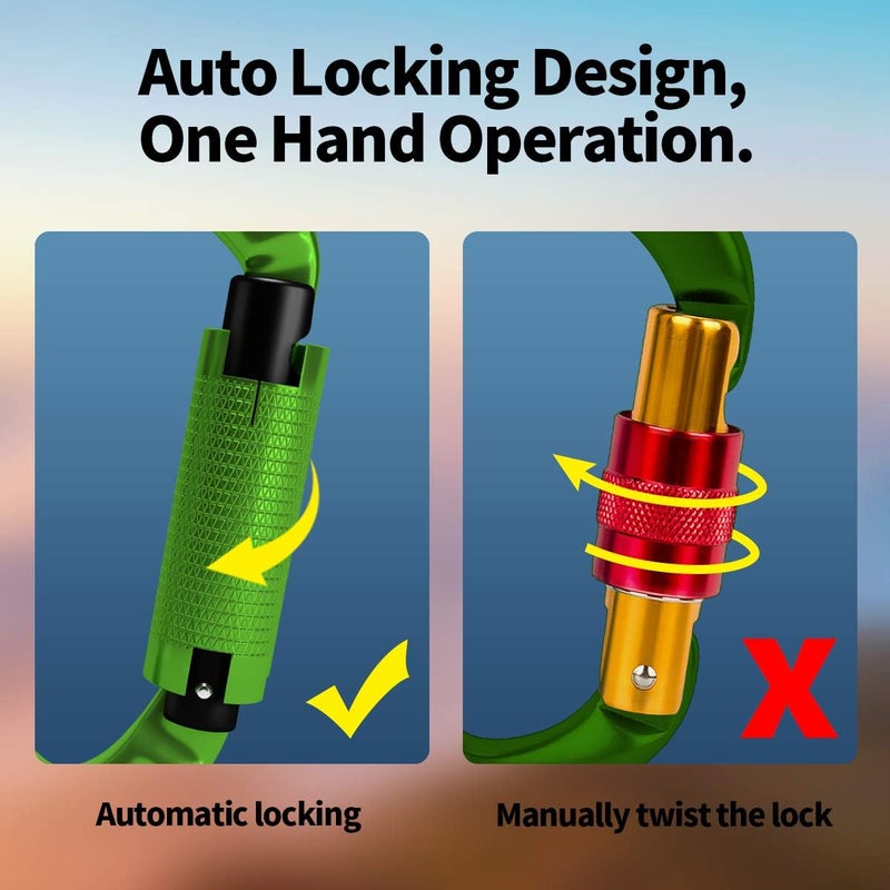 FVW Auto Locking Rock Climbing Carabiner Clips,Professional 25KN (5620 lbs) Heavy Duty Caribeaners for Rappelling Swing Rescue & Gym etc, Large D-Shaped Carabiners - Image 3